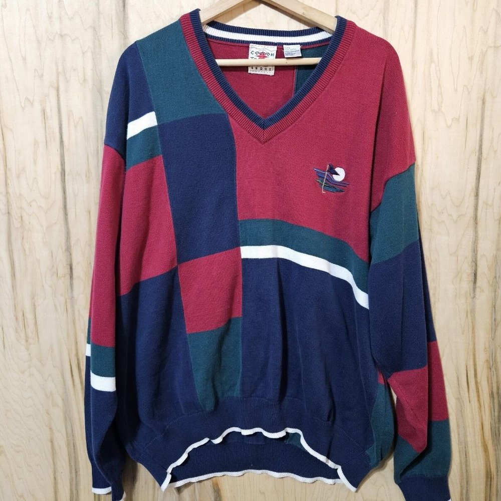 Cotton Traders Sport Mens Large Vintage 90s Y2k Colorblock Cotton Golf Sweater